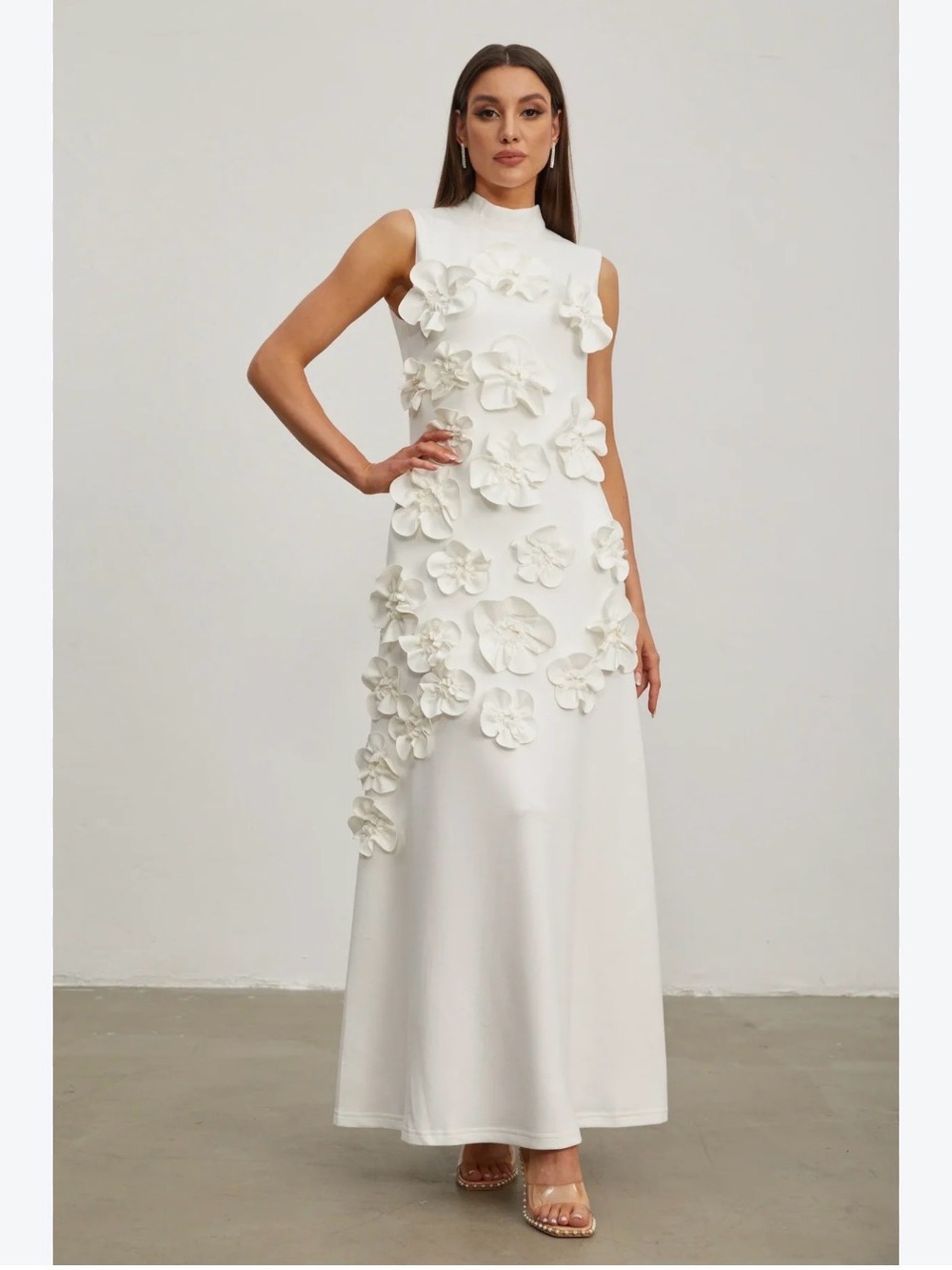 Sleeveless White Midi Dress with 3D Floral Appliqués